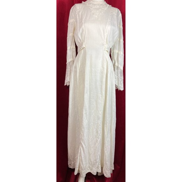 Tall C 1908 Fancy Lace Linen Dress Summer Edwardian Bell Sleeve - Picture 3 of 12